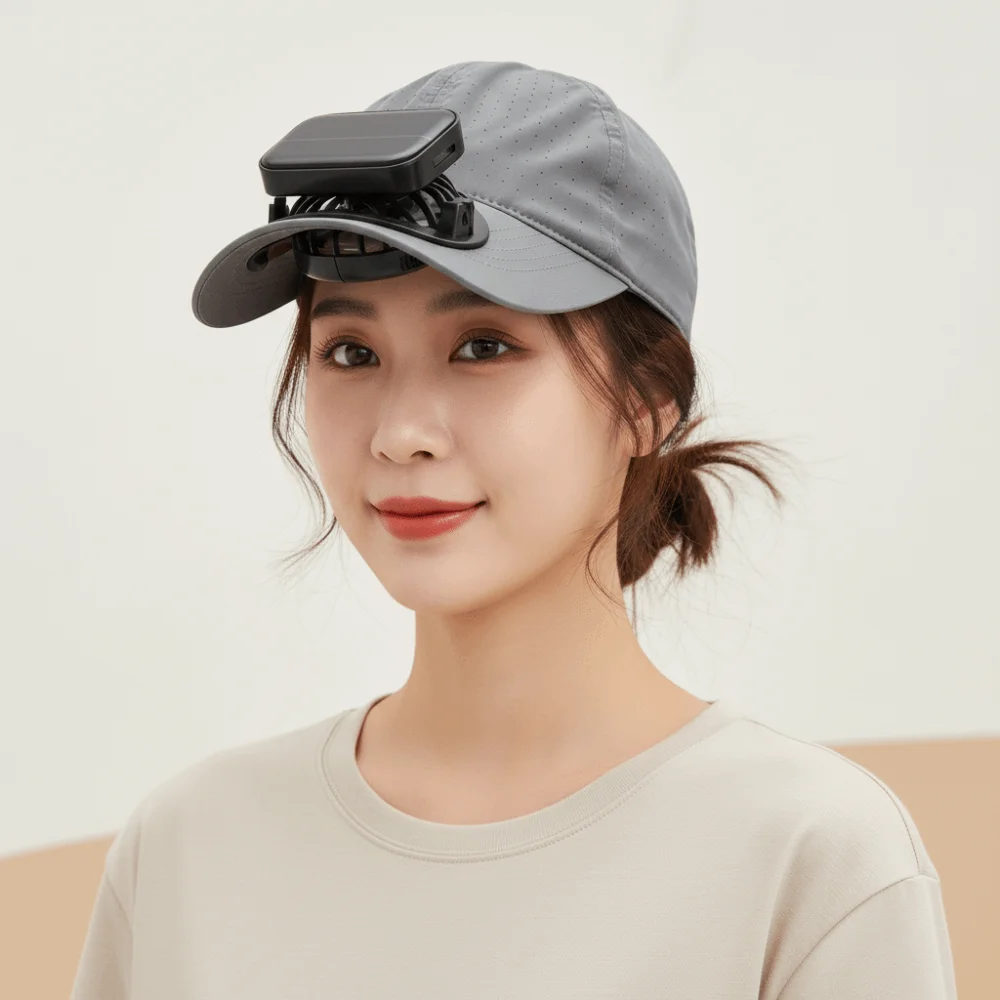 Portable Solar Powered Fan Baseball Cap Adjustable Long-lasting Rechargeable Fan Hat Polyester Breathable for 3.7V/300mAh
