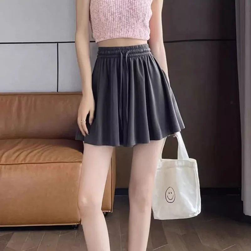 Summer Wide Leg Shorts Skirts High Waist Elastic Fashion Drawstring Basic Female Clothing Solid Color Casual Loose Folds Shorts