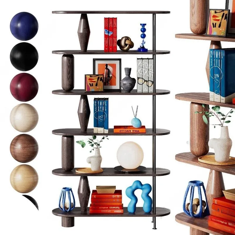 Multi-layer storage bookcase, floor-to-wall display shelf, solid wood living room partition cabinet
