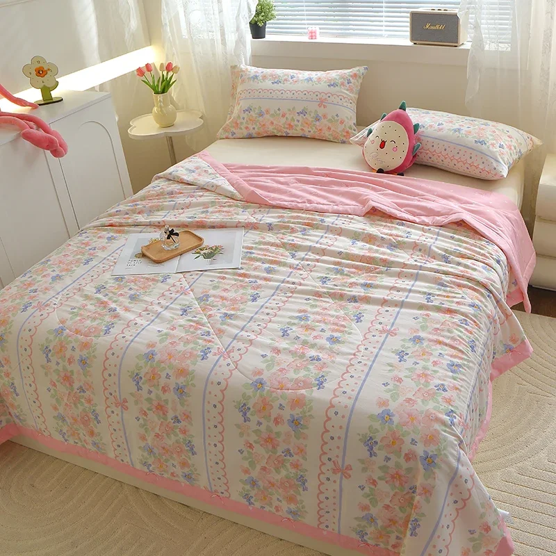 Elegant Floral 100% Cotton Quilt Soft Comfortable Bedding Air-conditioning Thin Comforter Office Travel Home Sofa Thin Blanket