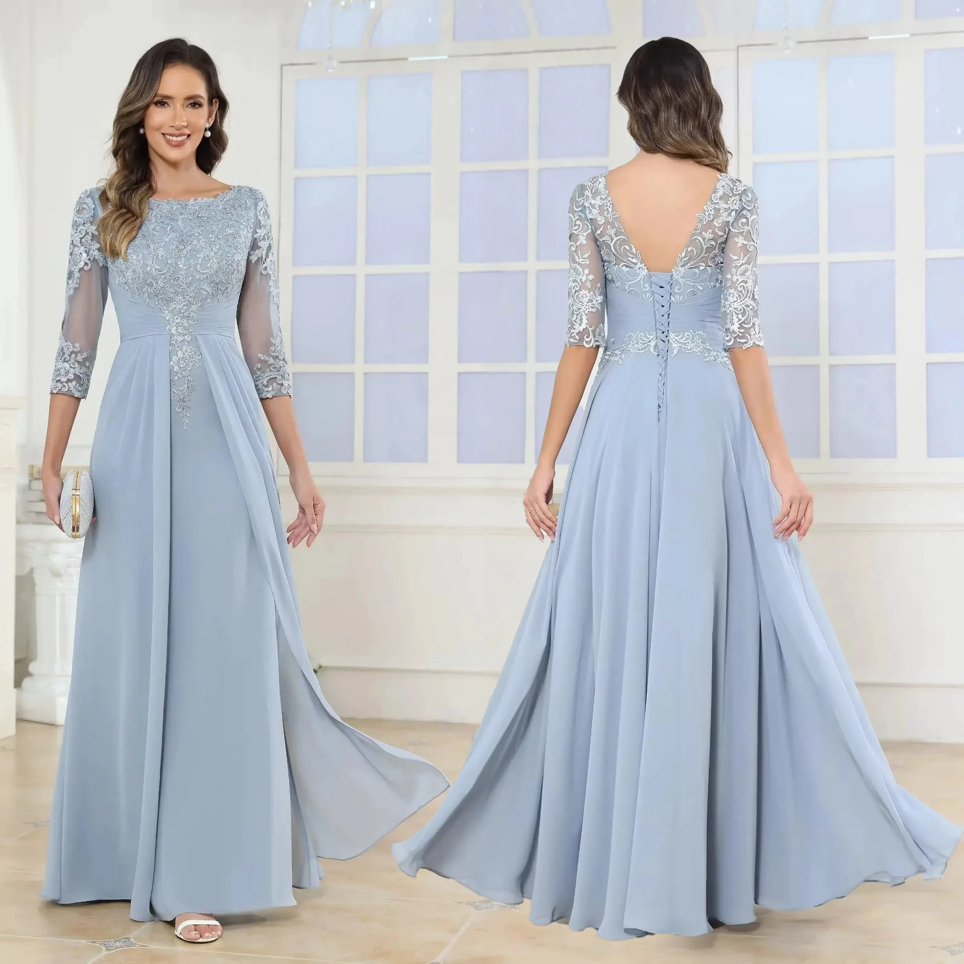 A Line Chiffon Applique Lace O Neck Mother Of The Bride Dress Outfits Evening Formal Prom Floor Length Corset Plus Size