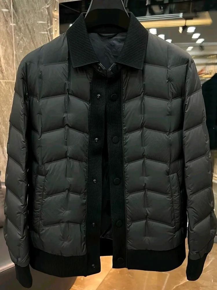 Winter Mens Business Work Thick Warm Down Jacket Slim Fit Single Breasted Spliced Outwear Coat Vintage Office Casual Overcoat