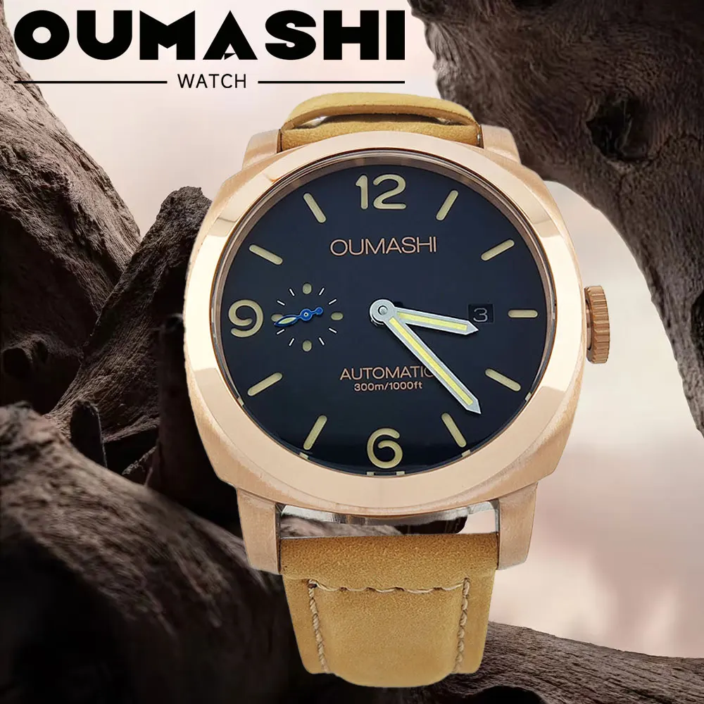 45mm Watch ST2555 Movement Men's Watch Stainless Steel Rose Gold Case Vintage Mechanical Watch Mineral Glass Leather Bracelet
