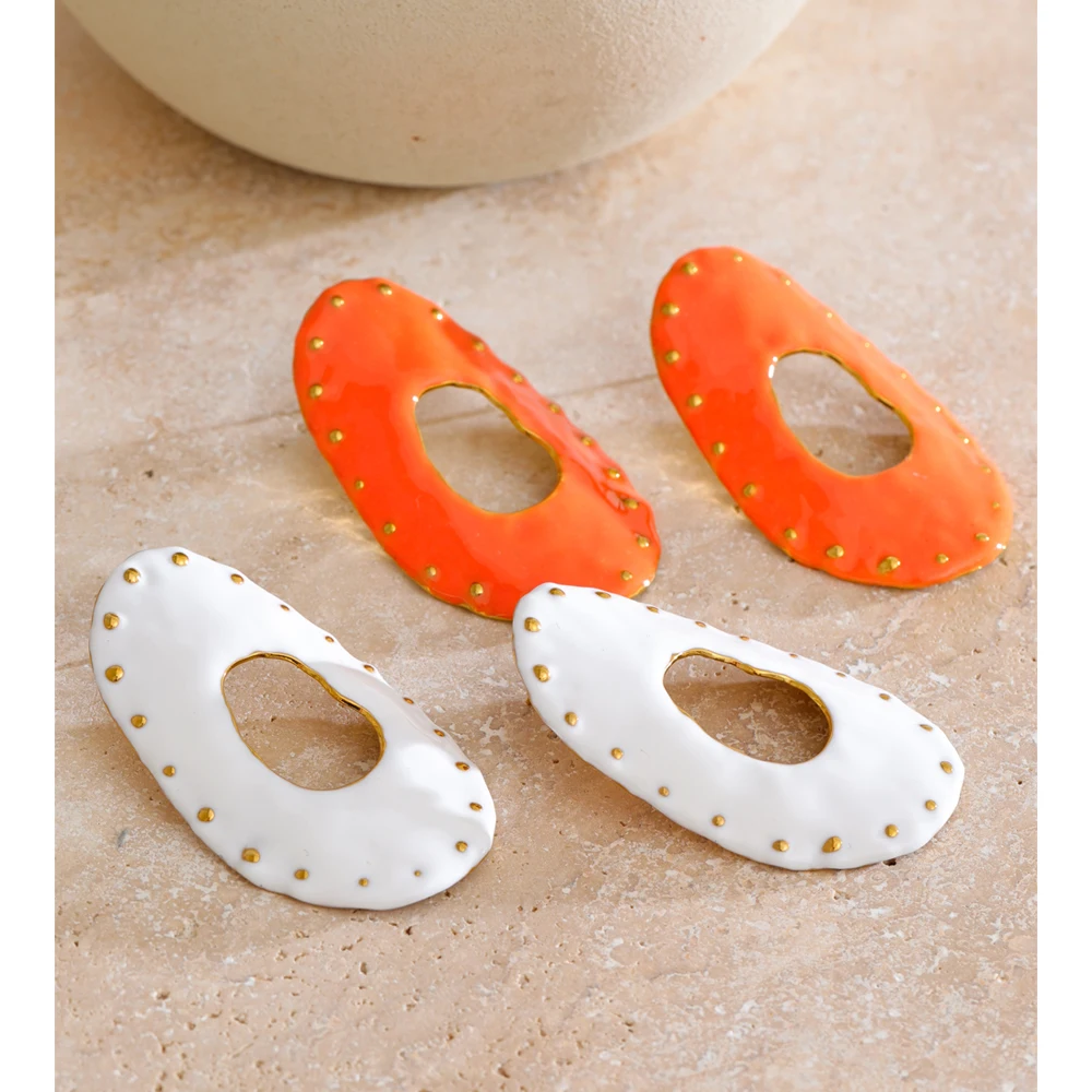 Yhpup Stainless Steel Enamel Oval Hollow Stud Earrings Rust Proof Metal Fashion Jewelry Orange White Color