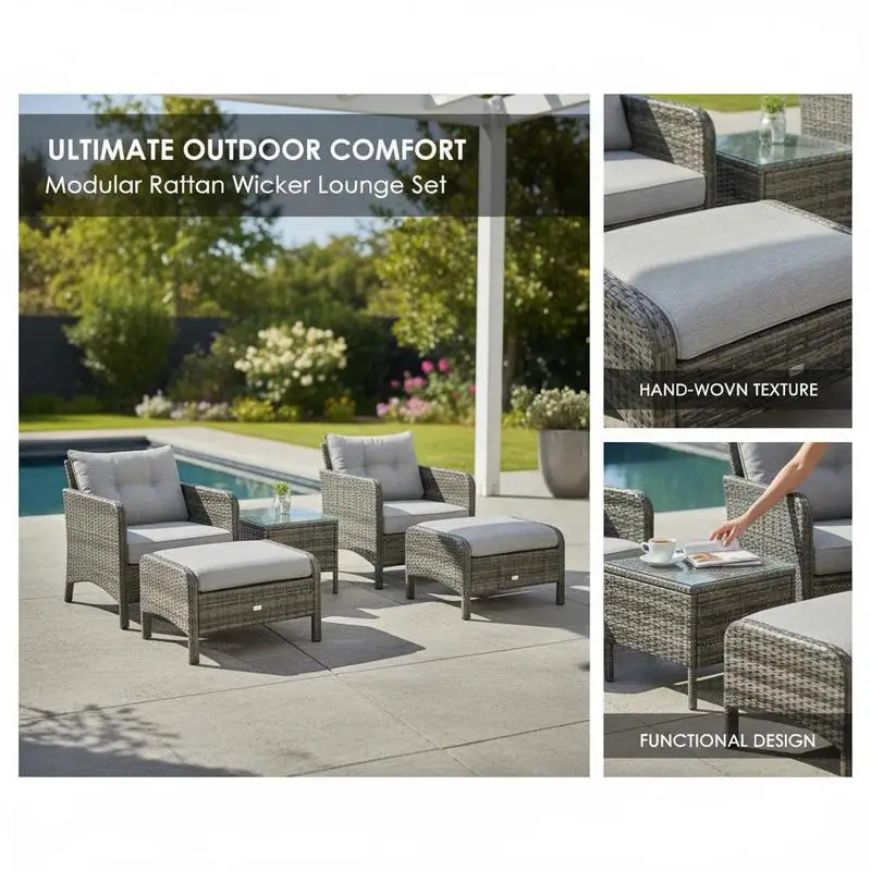 5 Pieces Rattan Wicker Lounge Chair Outdoor Patio Conversation Set with 2 Cushioned Chairs, 2 Ottomans and Tempered Glass Top Coffee Table, Gray/Light Gray