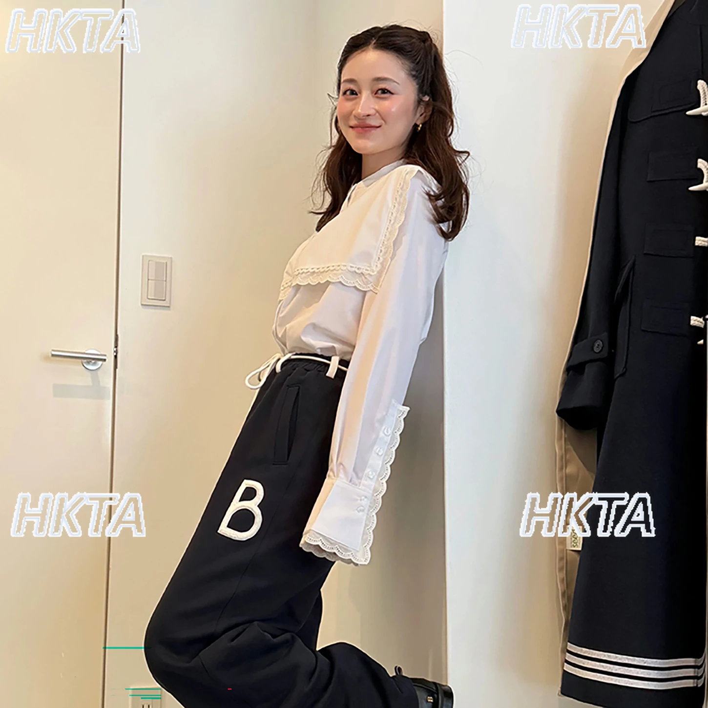 

Japanese Commuter Double Lace Stitching Sailor Collar Horn Long Sleeve Shirt Top Girl Elegant Versatile Loose White Blusas Women