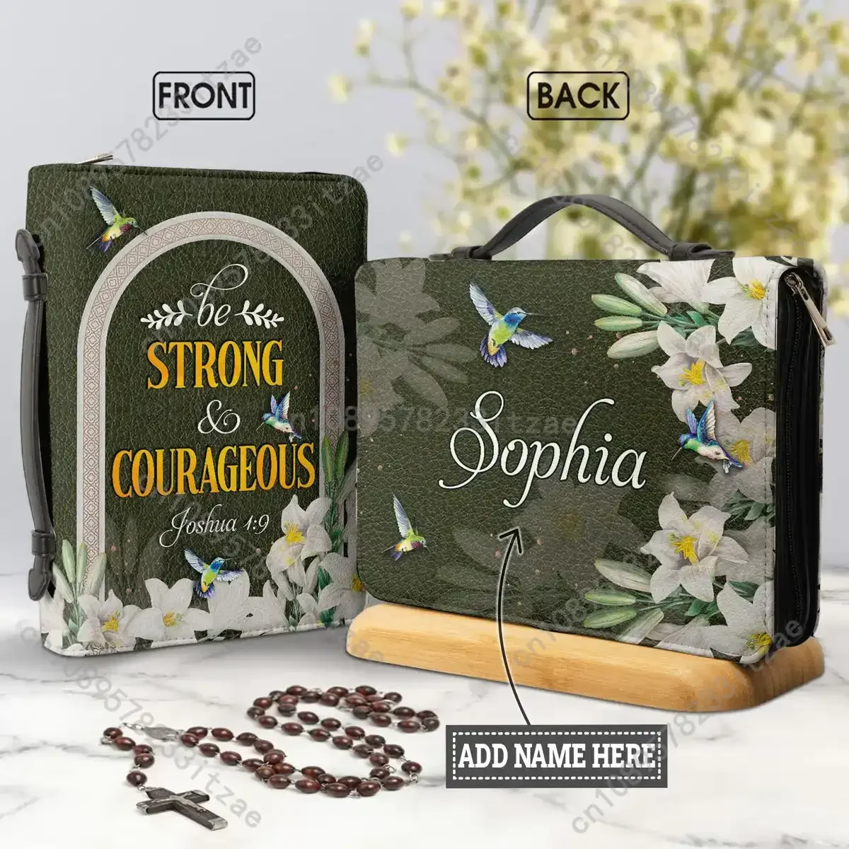 

Be Strong and Courageous Bible Verse Print Women Leather Bible Bags Hummingbird Floral Design Female Holy Handbag Christian Bags