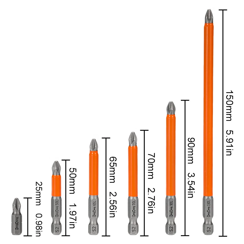 S2 Steel PH2 Magnetic Anti-Slip Screwdriver Bits Set, 1/4 Hex Shank Impact Driver Drill Bits 25-150mm for Wood Metal
