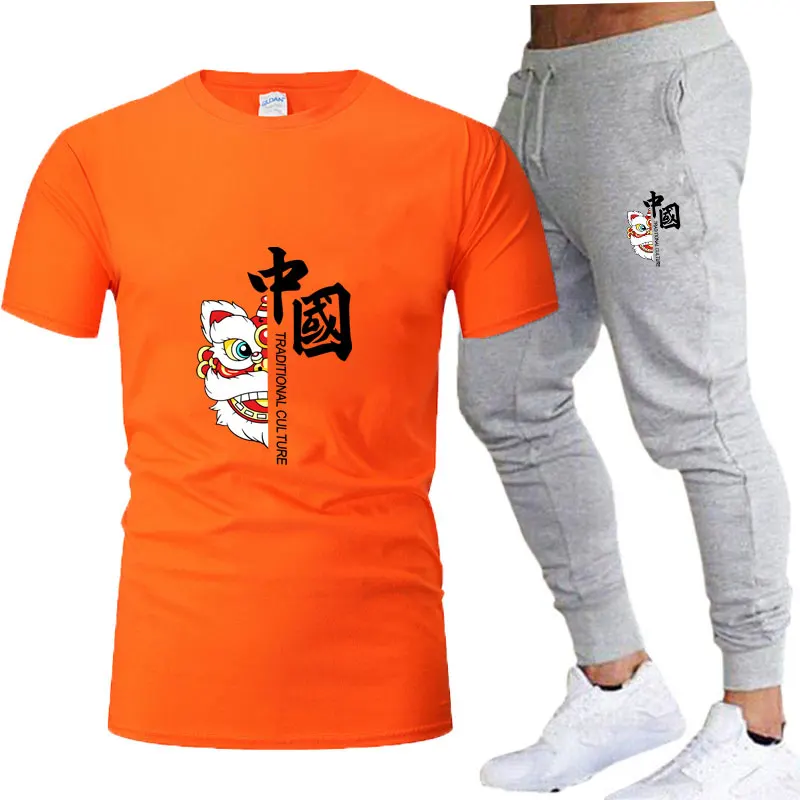 Camiseta de algodón de verano 2025, pantalones deportivos largos, conjunto para hombre, ropa transpirable de secado rápido para Fitness y ocio, cintura alta E