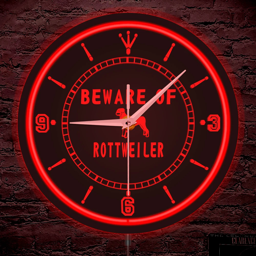 Cuidado con Rottweiler, iluminación LED, letrero de neón, reloj de pared iluminado para tienda de mascotas, habitación de cachorros, decoración del hogar, reloj de pared luminoso