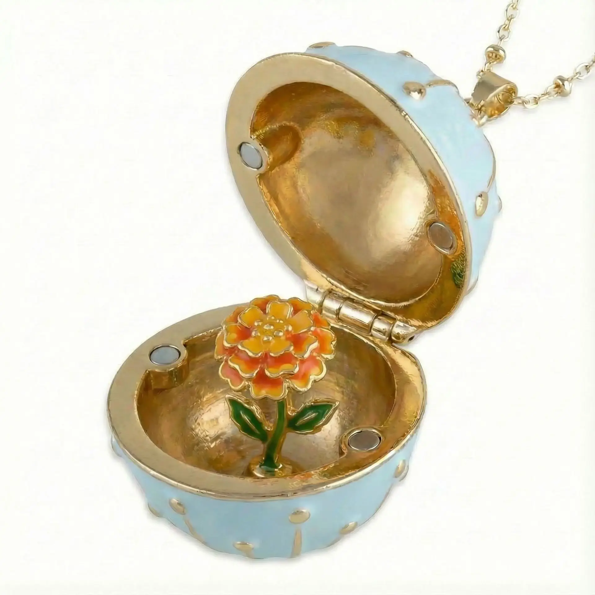 Kupferanhänger mit Emaille und einer Blumenkette, die geöffnet und geschlossen werden kann. Vintage-Schmuck für Damen. Geburtstagsgeschenk – Detail 5