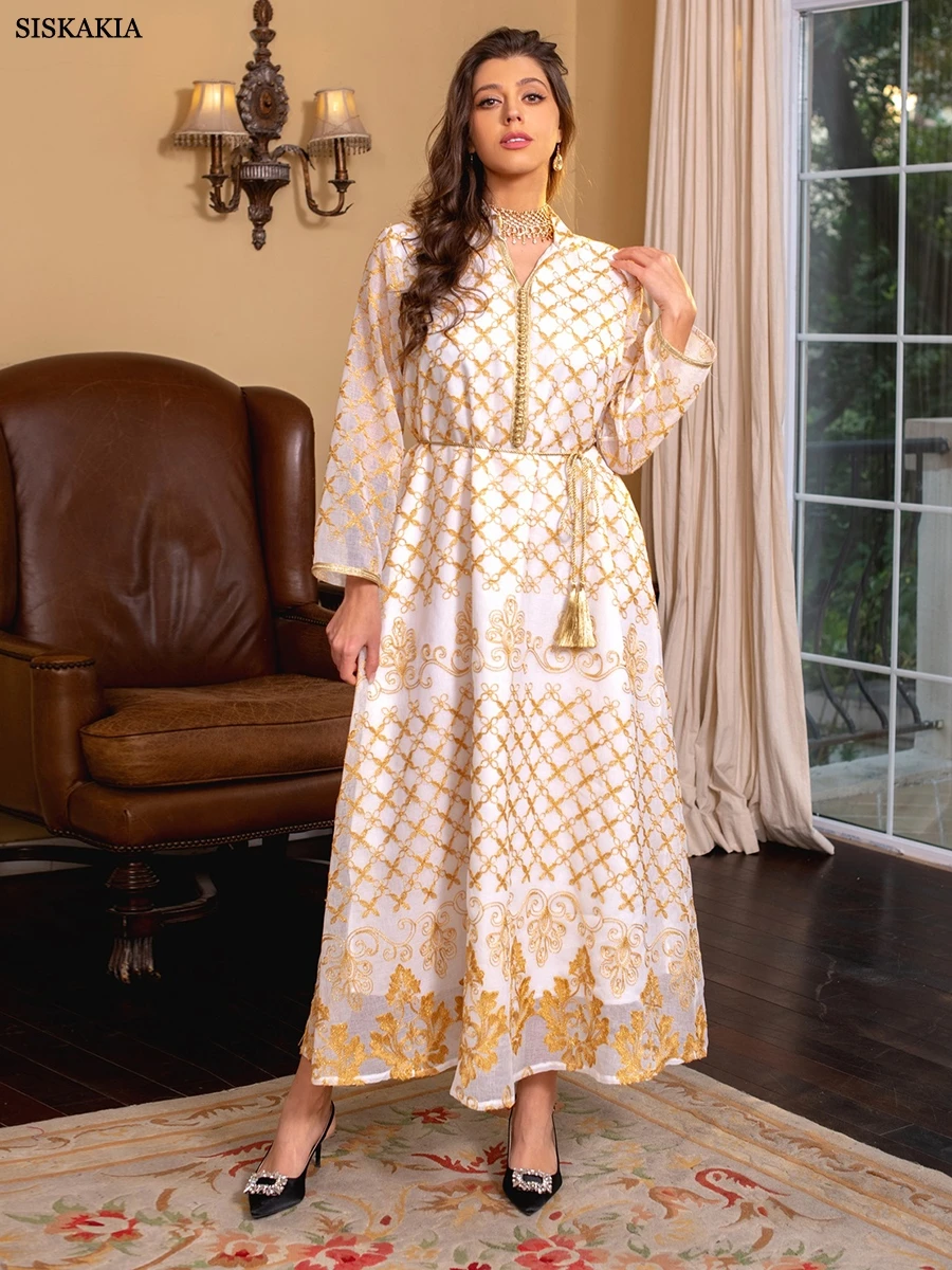 Ramadan Dresses Elegant Ethnic Floral Embroidery Kaftan Dress Moroccan Muslim Dubai Abaya Luxury Women Clothes 2023