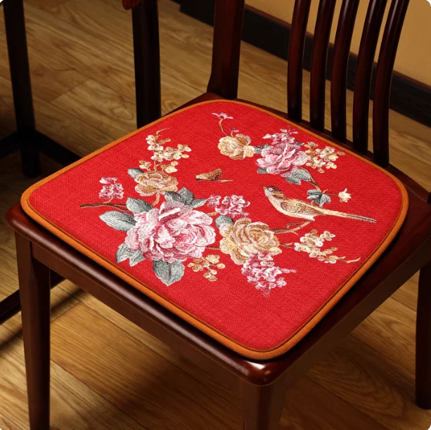 Non-Slip Linen Chair Cushion, New Chinese Peony Embroidered Seat Pad for Wooden Chair Breathable Edge Stitching Dining Chair Mat