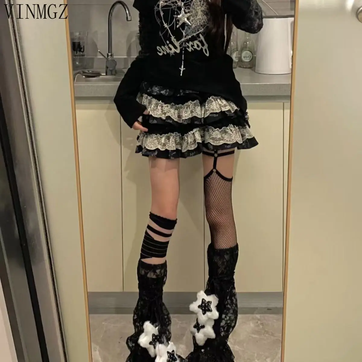 Y2k punk dark subculture Harajuku lace hottie cake high waist tutu skirt summer   Regular Fit  harajuku