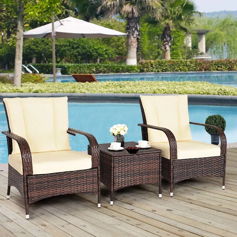 3 Piece Patio Furniture Set, 2 Wicker Chairs with Glass Top Coffee Table, Outdoor Garden Porch Poolside Furniture Set