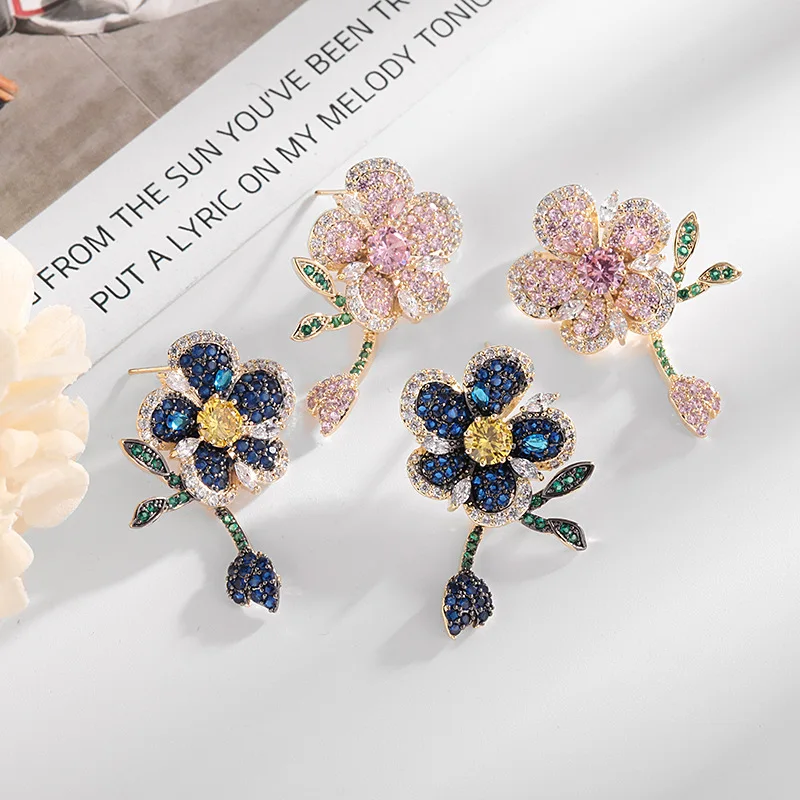 Earrings Heavy Industry Micro Inlaid Colored Zircon, Dynamic Leaf Style Earrings 925 Silver Needle, Three Dimensional Flower Ear