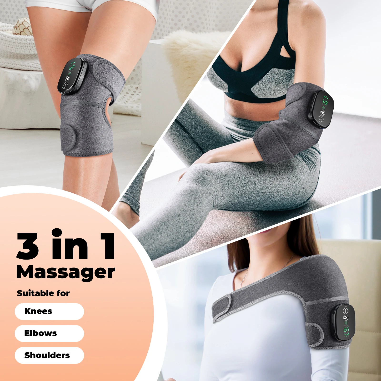Heated Knee Brace for Workout, Cordless Vibrating Knee Wrap 3 in 1 for Shoulder Elbow, 3 Heat Levels, 3 Massage Modes, 5000mAh