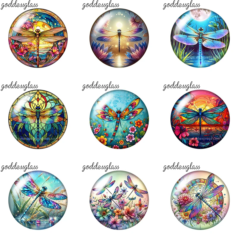 Flowers Dragonfly Drawing Patterns 10pcs 12mm/18mm/25mm Round Photo Glass Cabochon Flat Back Making Findings DIY Snap Buttons