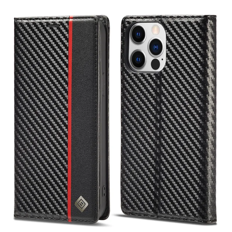 LC-imeeke Carbon Fiber Magnetic Wallet Case For iPhone 16 15 14 Plus 12 13 Mini 16Pro iPhone16 Pro Max Leather Flip Book Cover