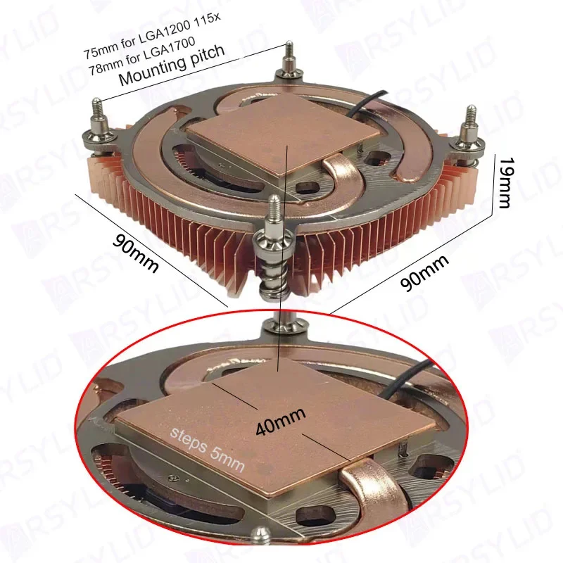 ARSYLID 19mm Ultra Slim CPU radiatore Base in rame puro Fin ventola di raffreddamento a dissipazione di calore ultrasottile LGA1700 LGA1200 115x