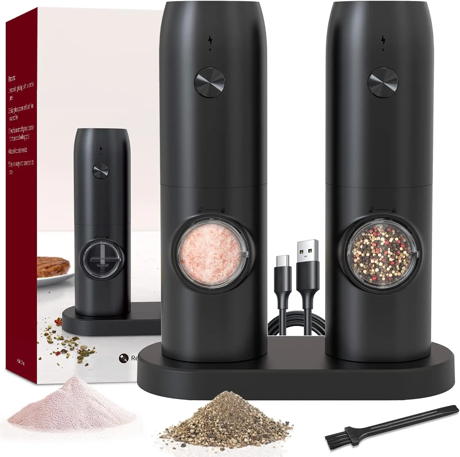 Molinillo de sal y pimienta eléctrico, juego de 2, molinillo de pimienta automático, recargable por USB, aspereza ajustable, operación con una sola mano