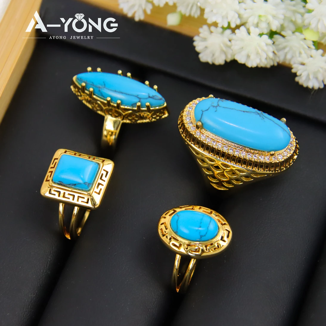 Luxury Turquoise Gold Plated Rings 21k Gold Color Saudi Fashion Big Ring Dubai Women Wedding Party Vintage Jewelry