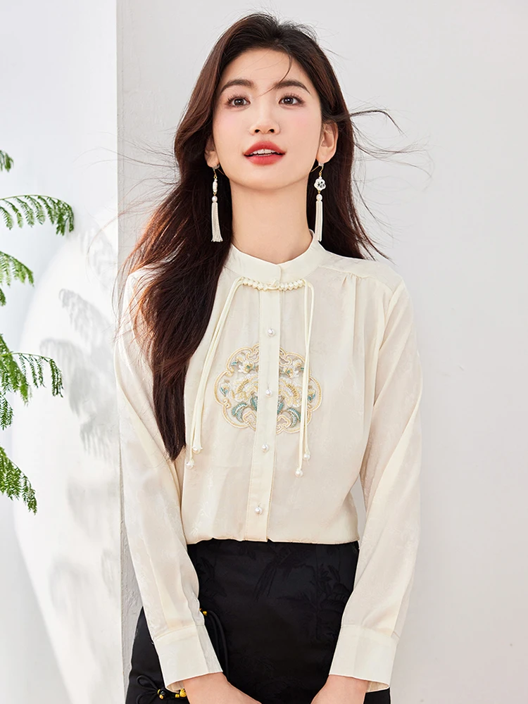 2024 Autumn New Chinese Style Embroidered Shirt Women Fashion Long Sleeve Blouse Elegant Female Design Sense Niche Tops