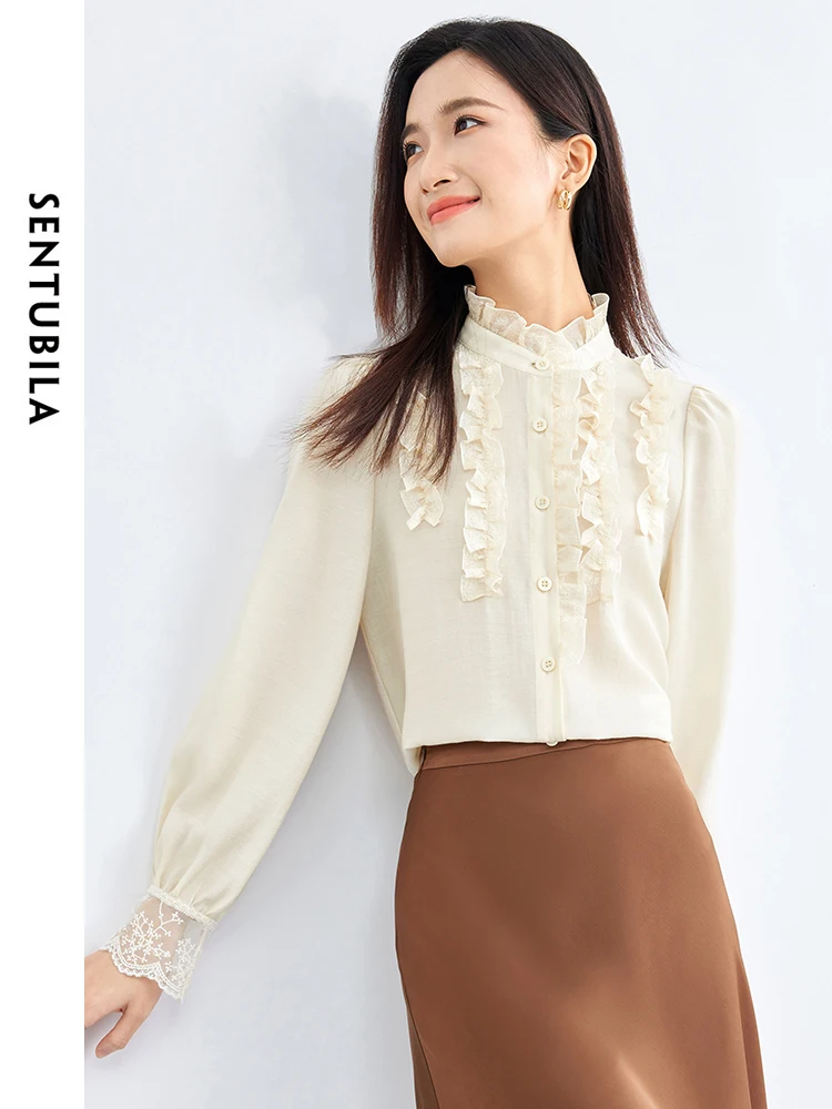 SENTUBILA Elegant Ruffled Shirts & Blouses 2024 Spring Button Up Women\'s Blouse Casual Solid Long Sleeve Womens Tops 141C52645