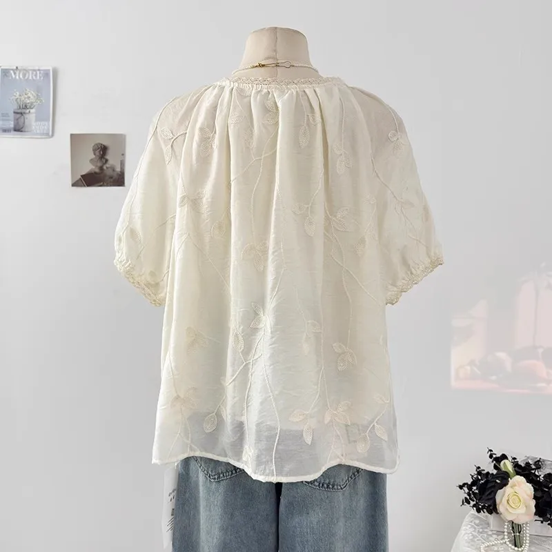 Summer Embroidery Tassel Blouse For Women Elegant O-Neck Puff Sleeve Lace Splicing Blue Tops Female Loose Party Shirts 2025 New