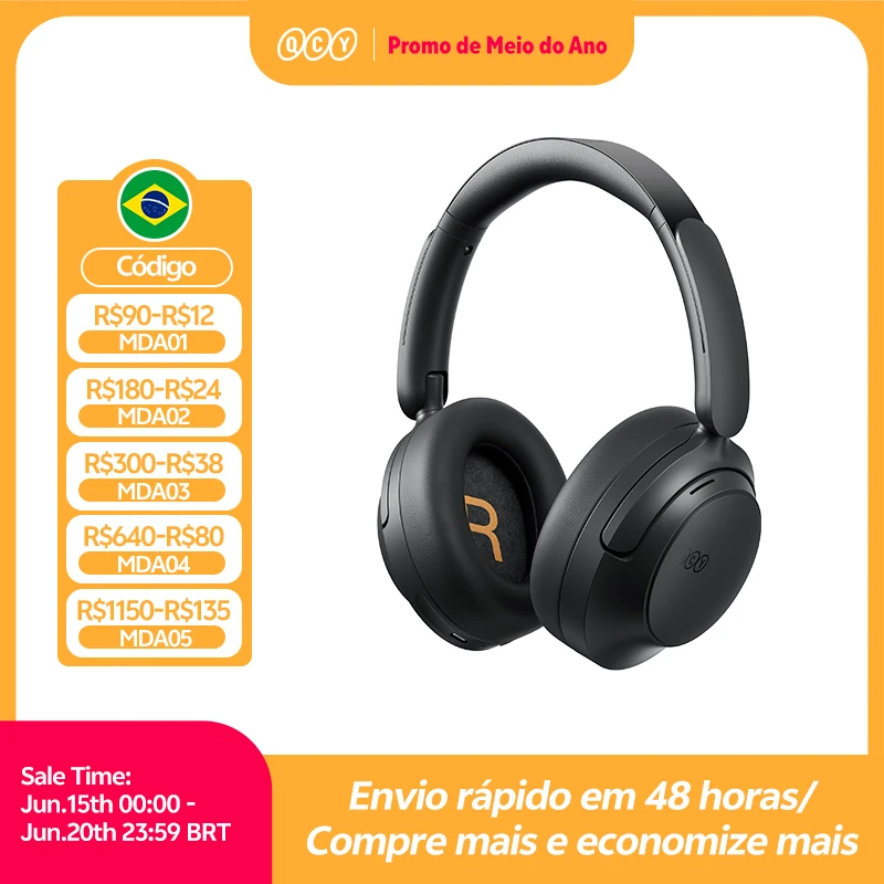 Fone de Ouvido QCY H3S com ANC Adaptativo de -56dB, Som Espacial Hi-Res LDAC, Fone Sem Fio Bluetooth 6.0, Driver Duplo, 102H de Bateria
