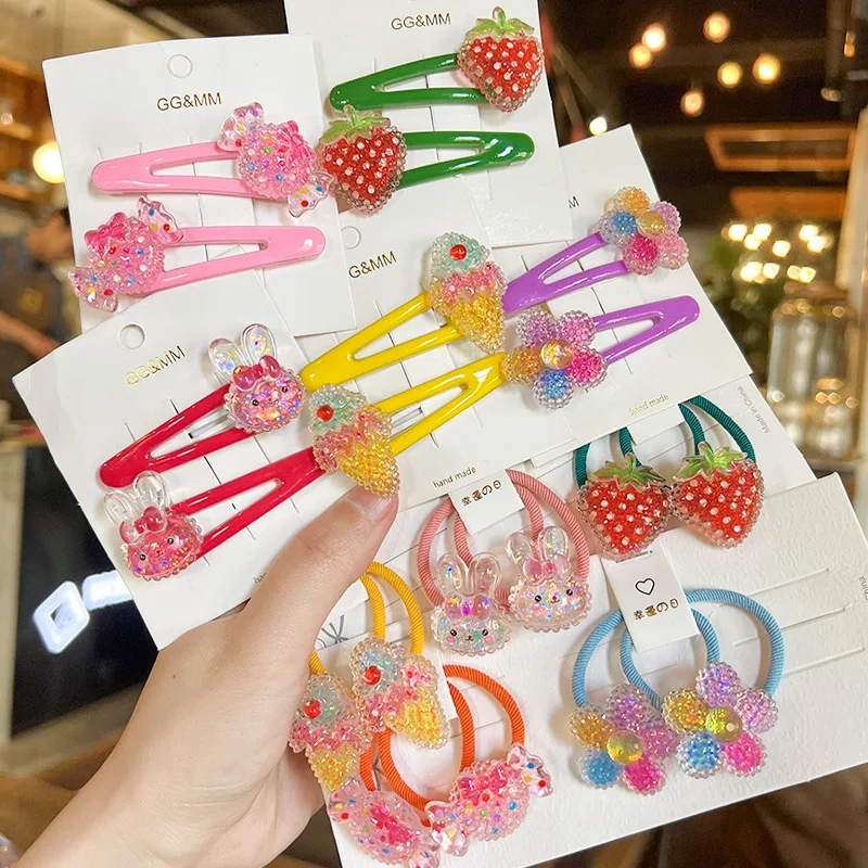 Candy Cartoon Hair Clips & Ties Set for Girls High Elastic Ponytail Holders Non Slip Hair Accessories Kids