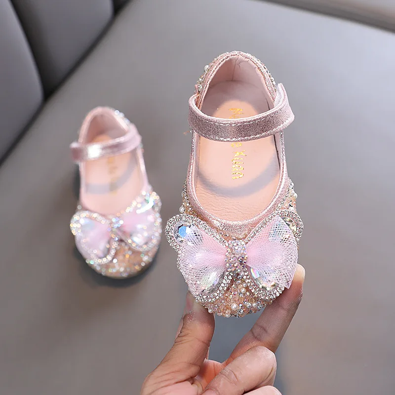 Zapatos de cuero con lentejuelas para bebé pequeño, zapatos de princesa con diamantes de imitación para niña, zapatos planos antideslizantes con lazo para boda