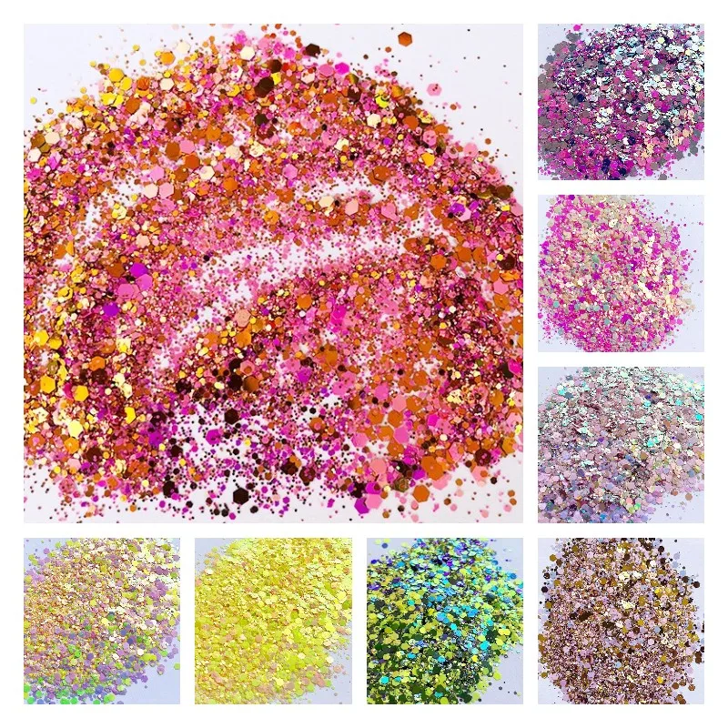 

100g 12Color Bling Glitter Hexagon Different Size Candy Multicolor Sequins, Tumbler Cup Crafts Nail Art Chunky Powder