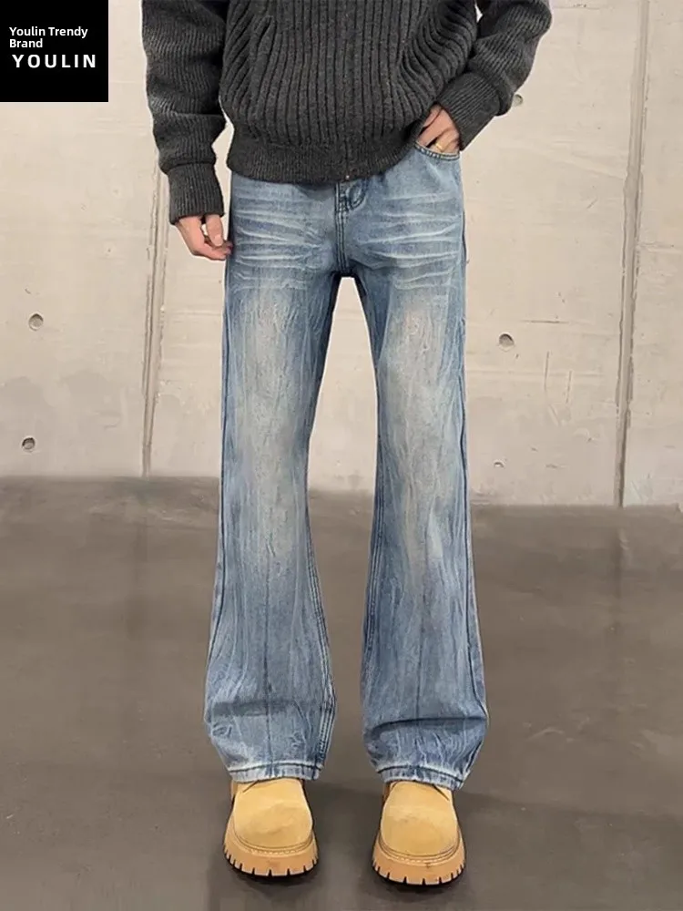 

Blue Lightning Pattern Fleece Lined Slim Fit Men's Jeans High Street Style Straight Leg Flared Pants Autumn Winter Casual Wear