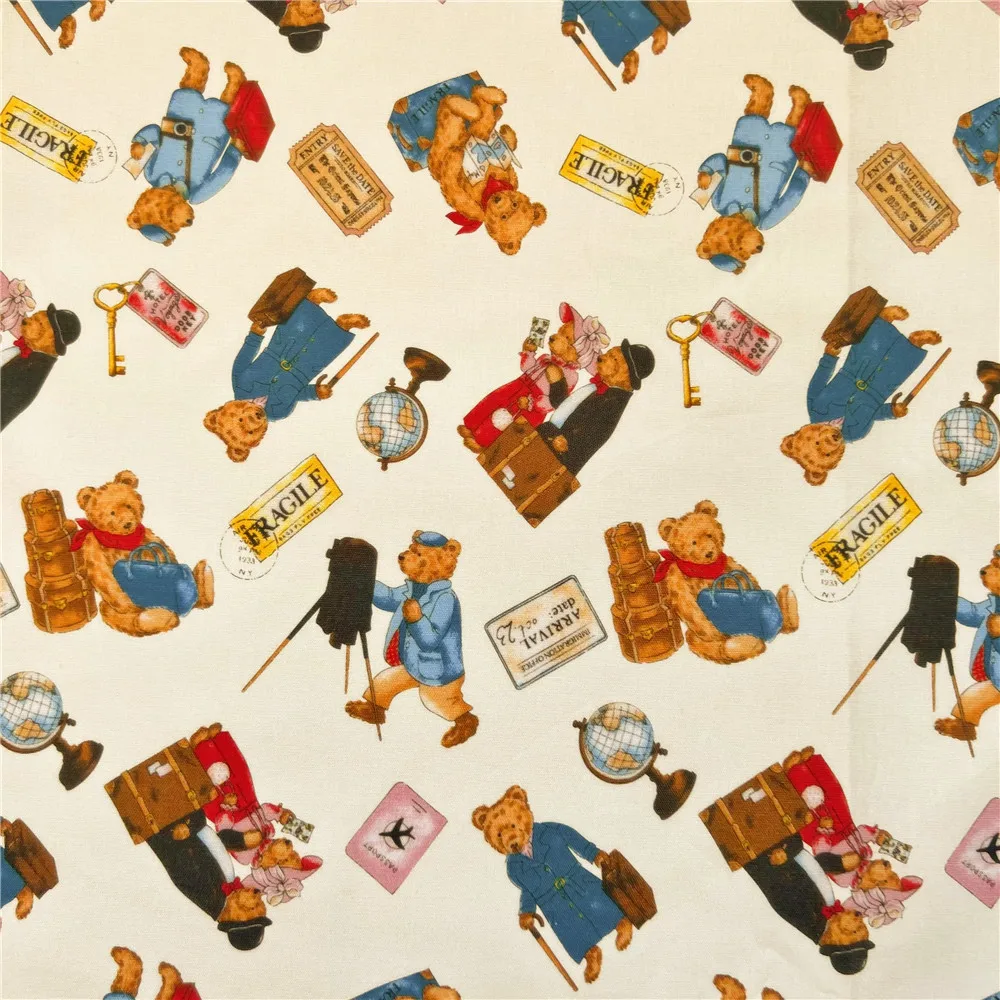 vintage Travel Bear pattern cotton fabric plain dress fabric handmade DIY curtain tablecloth