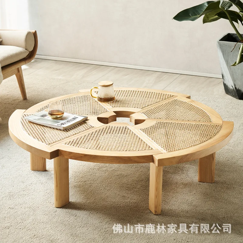 Nordic Japanese-Style Solid Wood & Rattan Round Table – Creative Small Coffee & Tea Table for B&B