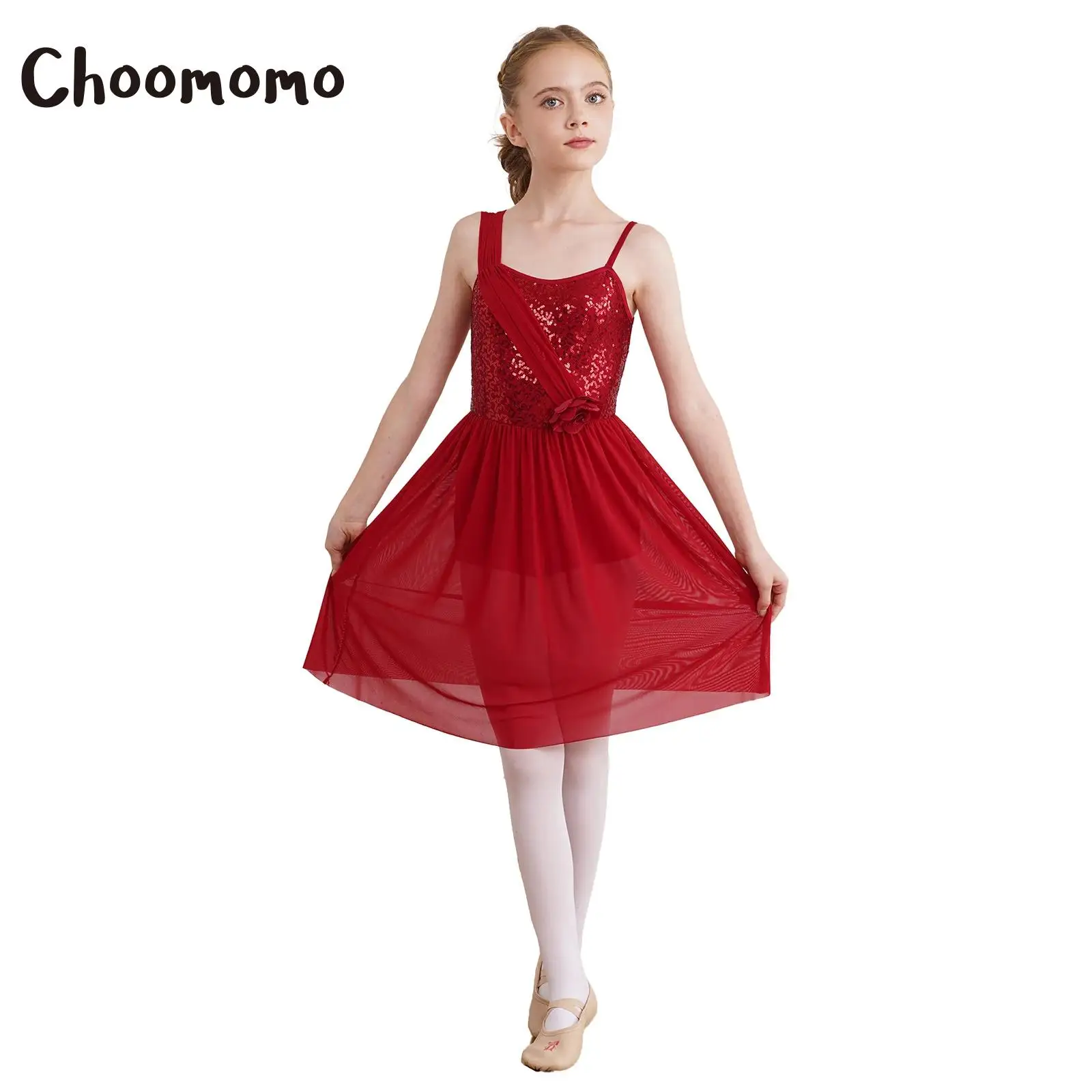 

Kids Girls Lyrical Dance Costume Sequin Flower Asymmetric Flowy Tulle Dress Leotard Ballerina Modern Contemporary Dancewear