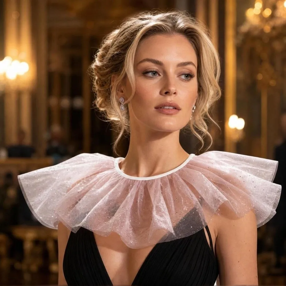 Fashionable Diamond Shiny Mesh Fake Collar Lace-Up Stage Performance Ruffled Fake Collar Cloth Decoration Neck Ruff Shawl Party