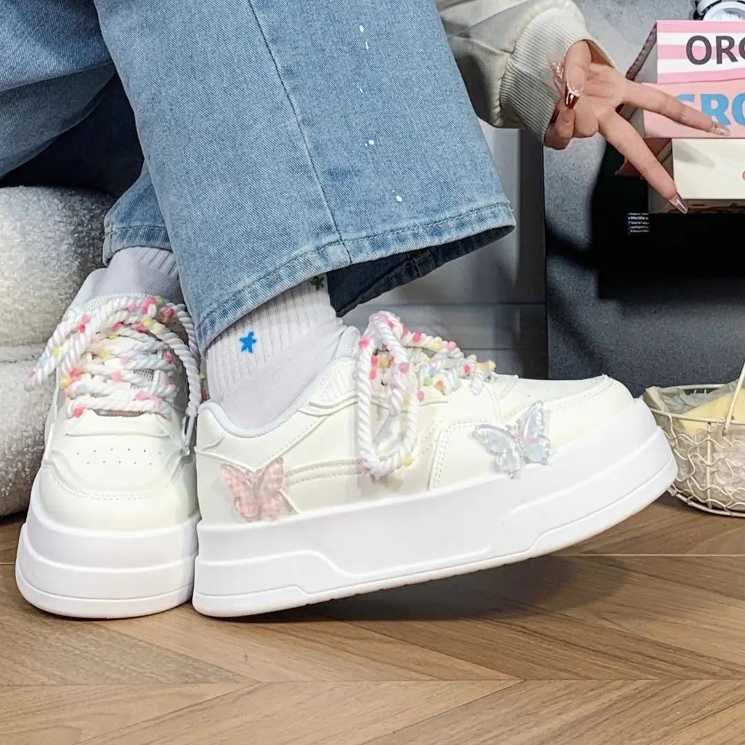 

2025 Spring Women Platform Shoes Butterfly Style Petite Height Increasing Student White Sneakers