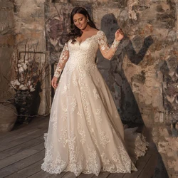 Exquisite Lace Wedding Dress Plus Size V Neck Long Sleeves Applique Sweep Train Vestido De Noiva Wedding Gown Bridal Dresses