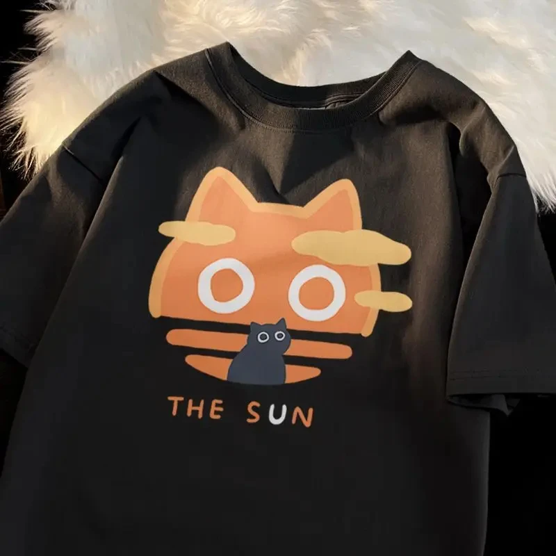 Cat Print Funny Tshirts Cotton Woman Men Tees TShirt Short Sleeve Korean Kpop Clothes Casual Oversized T-Shirt Unisex Streetwear