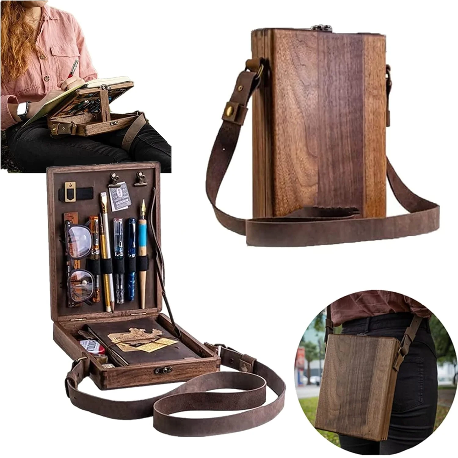 

Writers Messenger Wood Box Multifunctional Wooden Handmade Crossbody Postman Bag Portable Artist Tool Bag Painting Brush (Brown)