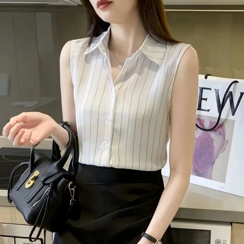 

Summer New Korean Sle Striped Svel irt Women Loose Slimming Chiffon Top Belly Concealing Faionable Draped Small S...