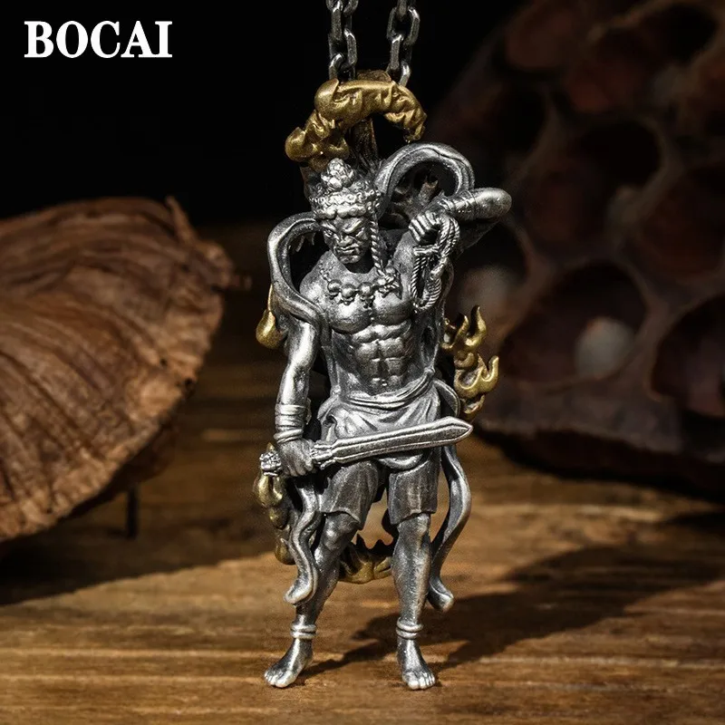 BOCAI New Real S925 Silver Jewelry Fashion Aryaacalanatha Fire World Mantra Men Pendant Domineering Personality Trendy Gifts