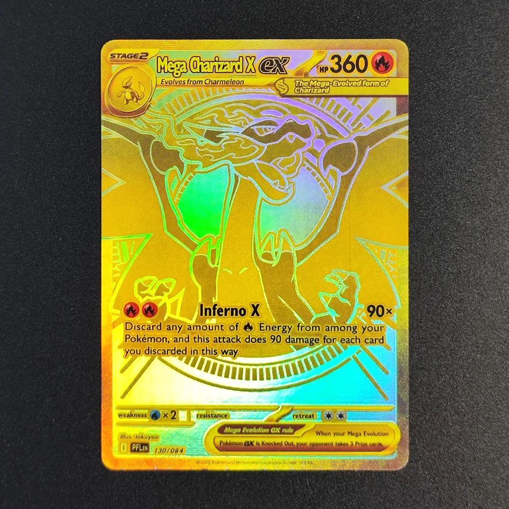 

Self Made Proxy PTCG English Mega Charizard X ex # 130-золотая игрушка ME02 Phantasmal Flames Hobby Collection с флэш-картой