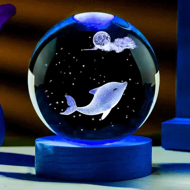 1PC Dolphin 3D Carved Crystal Ball Night Light, Living Room Home Decoration, Gifts for Girlfriend, Wife, and Colleagues