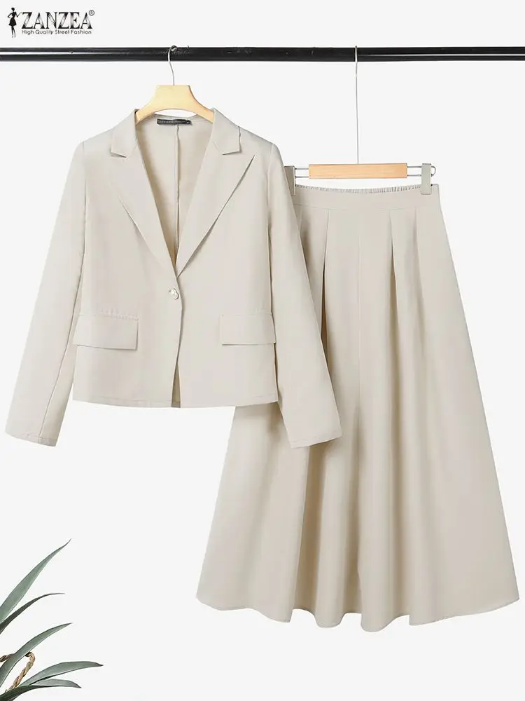 ZANZEA مكتب النساء 2 قطعة مجموعات الخريف وتتسابق 2025 أنيقة طويلة الأكمام السترة فستان البدلة موضة العمل OL رياضية تنورة مجموعات