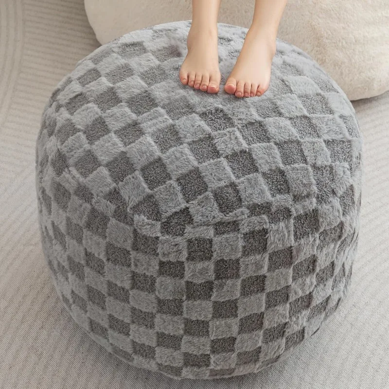 Round Stuffed Pouf Ottoman, Plaid Poufs with Foam Chunk Filling, Fluffy & Furry Pouf Foot Stool Storage Ottoman for Living Room