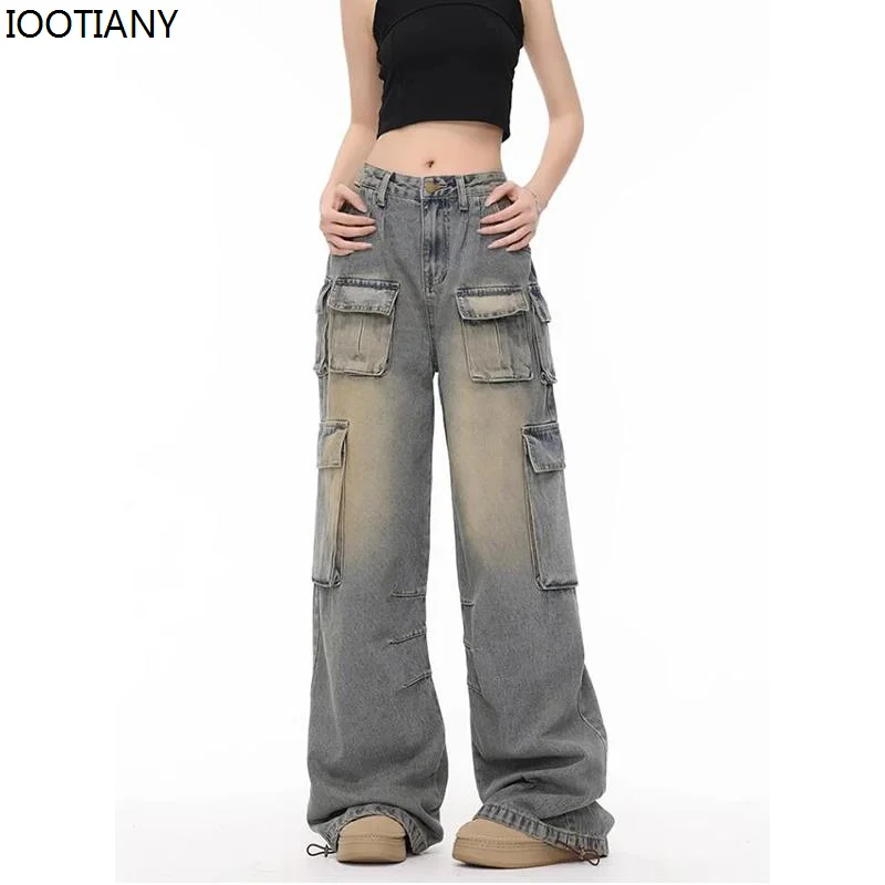 Women Cargo Pants With Multi-pocket Design Streetwear Mid Waist American Wide Leg Jeans Fashion Loose Female Straight Trousers