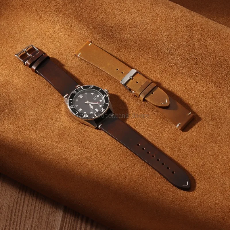 Men Women Business Cowhide Leather WatchBand Vintage Oil Wax Strap Universal Quick Release Wristband Handmade Retro Oil Bracelet image 5